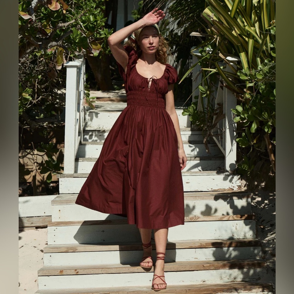 Doen Quinn cotton poplin puff sleeve midi dress in Amberwood rust - Picture 2 of 9
